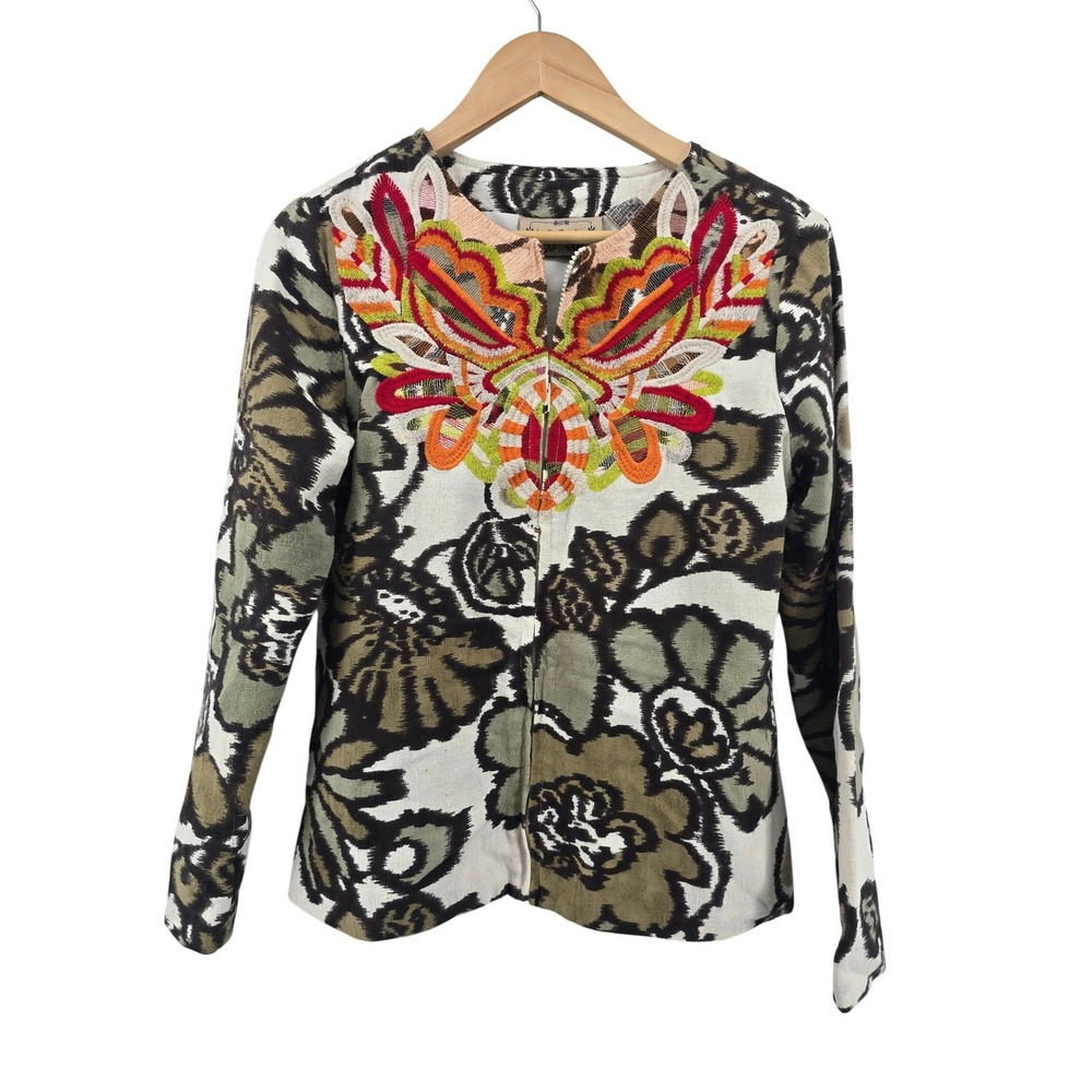 Life Style Jacket Womens Small‎ Olive Green Boho Embroidered Floral Full Zip